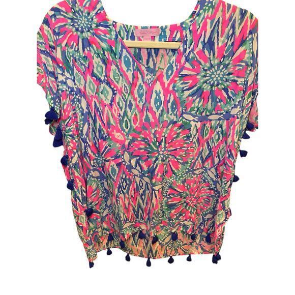 Lilly Pulitzer Women XS Top Tunic‎ Short Sleeve Sydney Caftan Pink Blue Tassels - Picture 7 of 16